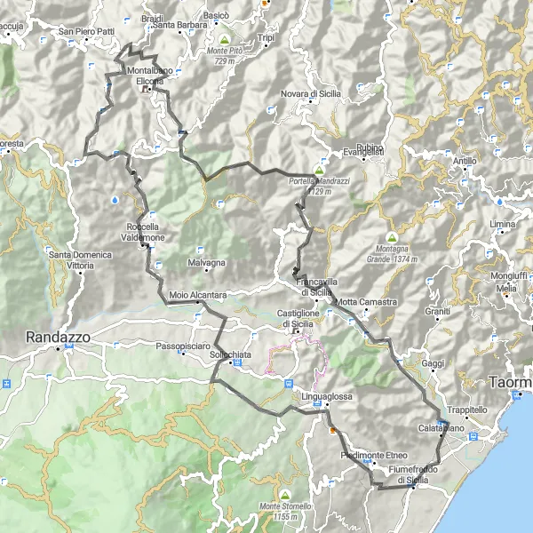 Miniatura della mappa di ispirazione al ciclismo "Giro in bicicletta da Fiumefreddo Sicilia" nella regione di Sicilia, Italy. Generata da Tarmacs.app, pianificatore di rotte ciclistiche