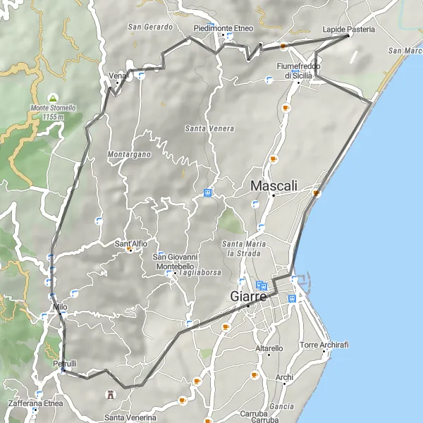 Miniatura della mappa di ispirazione al ciclismo "Giro in bicicletta da Fiumefreddo a Piedimonte Etneo" nella regione di Sicilia, Italy. Generata da Tarmacs.app, pianificatore di rotte ciclistiche