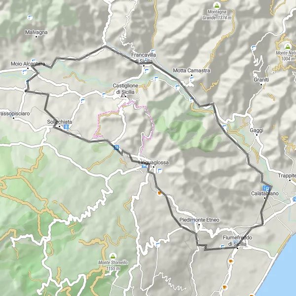 Map miniature of "Vibrant Road Journey" cycling inspiration in Sicilia, Italy. Generated by Tarmacs.app cycling route planner