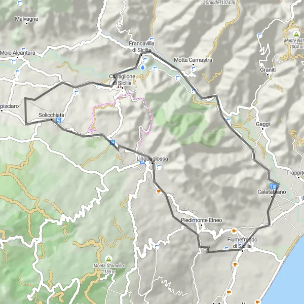 Miniatura della mappa di ispirazione al ciclismo "Road tra Fiumefreddo e Francavilla" nella regione di Sicilia, Italy. Generata da Tarmacs.app, pianificatore di rotte ciclistiche