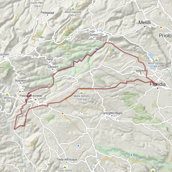 Miniatura della mappa di ispirazione al ciclismo "Percorso in gravel da Solarino a Cugno Furche" nella regione di Sicilia, Italy. Generata da Tarmacs.app, pianificatore di rotte ciclistiche