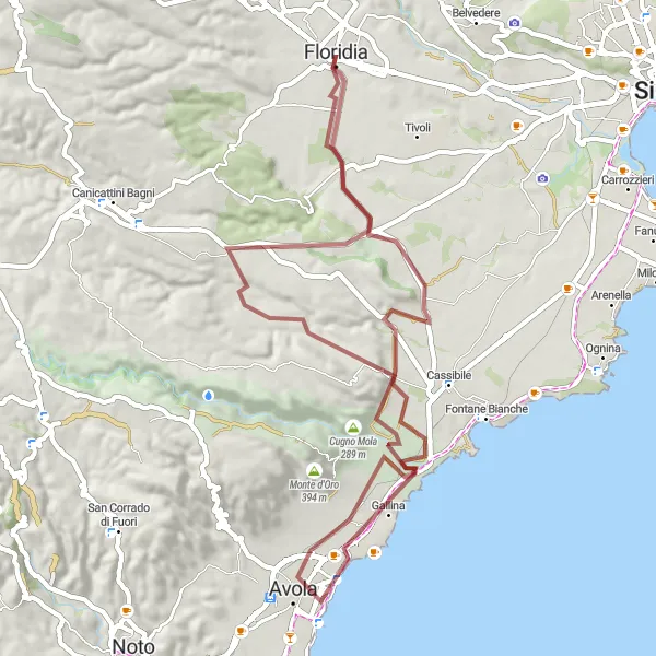 Miniatura della mappa di ispirazione al ciclismo "Esplorazione in MTB tra Floridia e Avola" nella regione di Sicilia, Italy. Generata da Tarmacs.app, pianificatore di rotte ciclistiche