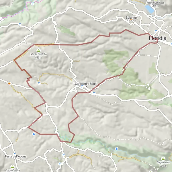 Miniatura della mappa di ispirazione al ciclismo "Esplorazione della campagna siciliana in bicicletta" nella regione di Sicilia, Italy. Generata da Tarmacs.app, pianificatore di rotte ciclistiche