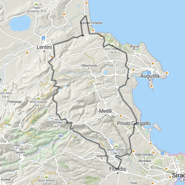 Map miniature of "Floridia to Priolo Gargallo Road Route" cycling inspiration in Sicilia, Italy. Generated by Tarmacs.app cycling route planner