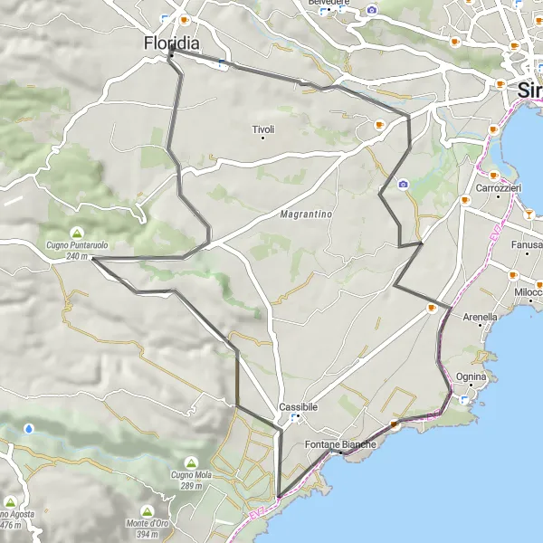 Miniatura della mappa di ispirazione al ciclismo "Giro in bici da Floridia attraverso Ciane Spring a Cassibile" nella regione di Sicilia, Italy. Generata da Tarmacs.app, pianificatore di rotte ciclistiche