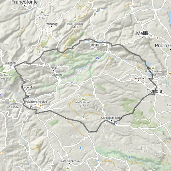 Miniatura della mappa di ispirazione al ciclismo "Giro in bici da Floridia a Monte Cavallaro" nella regione di Sicilia, Italy. Generata da Tarmacs.app, pianificatore di rotte ciclistiche
