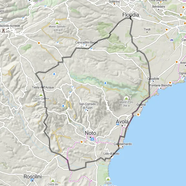 Miniatura della mappa di ispirazione al ciclismo "Ciclismo panoramico nei Monti Iblei" nella regione di Sicilia, Italy. Generata da Tarmacs.app, pianificatore di rotte ciclistiche