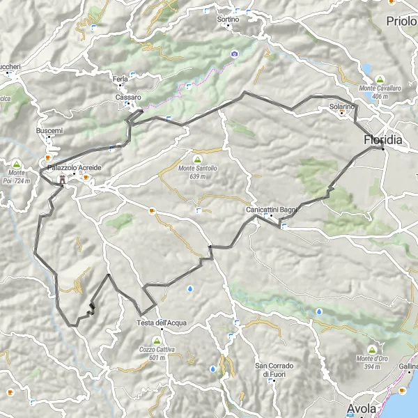 Miniatura della mappa di ispirazione al ciclismo "Giro in bici verso il Teatro greco di Arkai" nella regione di Sicilia, Italy. Generata da Tarmacs.app, pianificatore di rotte ciclistiche