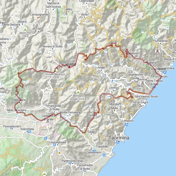 Map miniature of "Off-Road Adventure: Sicilia's Gravel Trails" cycling inspiration in Sicilia, Italy. Generated by Tarmacs.app cycling route planner