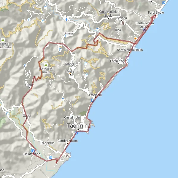 Miniatura della mappa di ispirazione al ciclismo "Escursione tra Etna e Mare" nella regione di Sicilia, Italy. Generata da Tarmacs.app, pianificatore di rotte ciclistiche