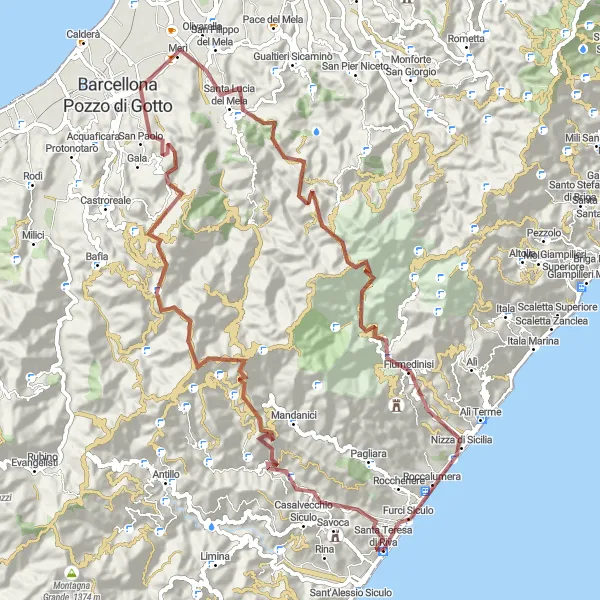 Miniatura della mappa di ispirazione al ciclismo "Giro in Mountain Bike da Furci Siculo" nella regione di Sicilia, Italy. Generata da Tarmacs.app, pianificatore di rotte ciclistiche