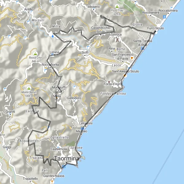 Miniatura della mappa di ispirazione al ciclismo "Tour in Bicicletta tra Letojanni e Savoca" nella regione di Sicilia, Italy. Generata da Tarmacs.app, pianificatore di rotte ciclistiche
