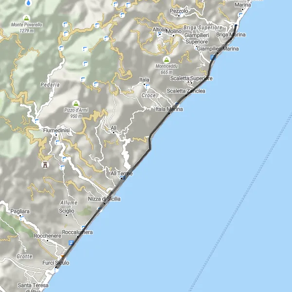 Map miniature of "Coastal Exploration and Scenic Escapes" cycling inspiration in Sicilia, Italy. Generated by Tarmacs.app cycling route planner