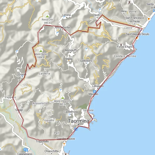 Miniatura della mappa di ispirazione al ciclismo "Gravel tra Graniti e Taormina" nella regione di Sicilia, Italy. Generata da Tarmacs.app, pianificatore di rotte ciclistiche