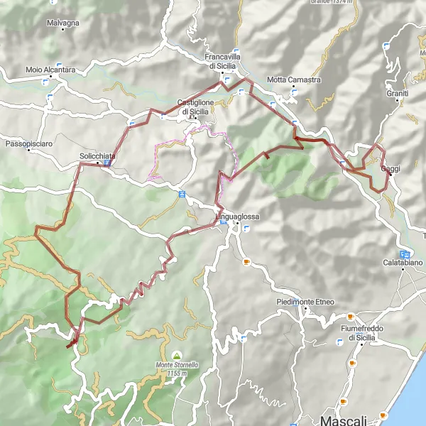 Miniatura della mappa di ispirazione al ciclismo "Gravel tra Francavilla di Sicilia e Gaggi" nella regione di Sicilia, Italy. Generata da Tarmacs.app, pianificatore di rotte ciclistiche