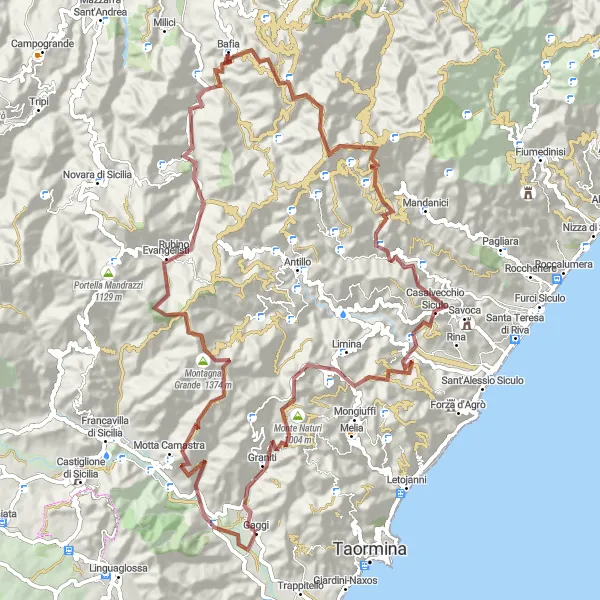 Miniatura della mappa di ispirazione al ciclismo "Avventura Gravel ai Monti" nella regione di Sicilia, Italy. Generata da Tarmacs.app, pianificatore di rotte ciclistiche