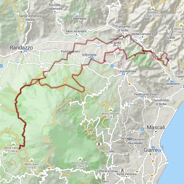 Map miniature of "Gravel Adventure in Gaggi" cycling inspiration in Sicilia, Italy. Generated by Tarmacs.app cycling route planner