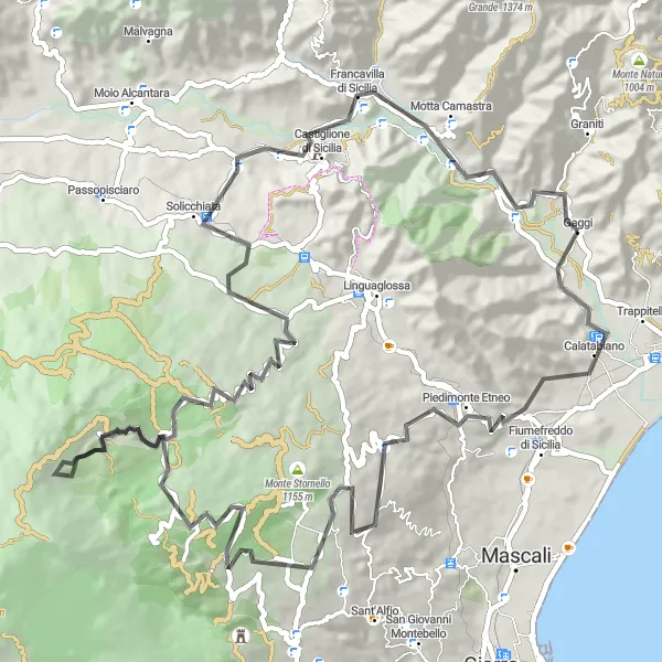 Map miniature of "Mountains of Etna" cycling inspiration in Sicilia, Italy. Generated by Tarmacs.app cycling route planner