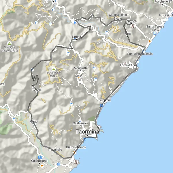 Miniatura della mappa di ispirazione al ciclismo "Ciclovia di Graniti" nella regione di Sicilia, Italy. Generata da Tarmacs.app, pianificatore di rotte ciclistiche