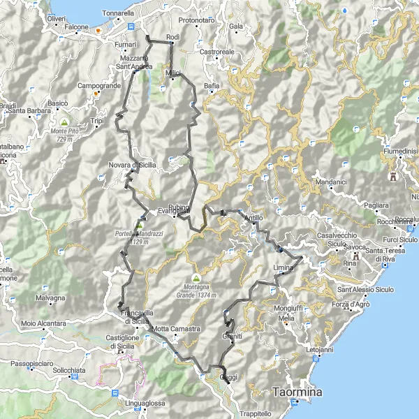 Map miniature of "Taking on the Mountains" cycling inspiration in Sicilia, Italy. Generated by Tarmacs.app cycling route planner