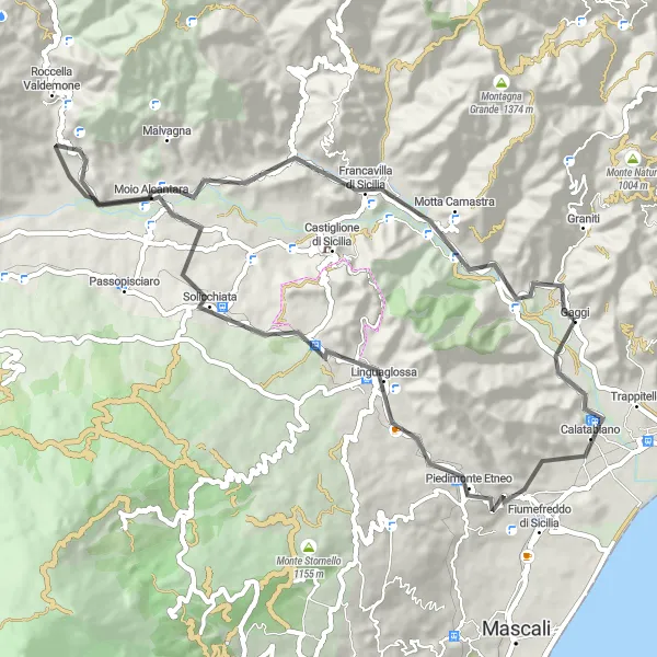 Map miniature of "Road Less Traveled" cycling inspiration in Sicilia, Italy. Generated by Tarmacs.app cycling route planner