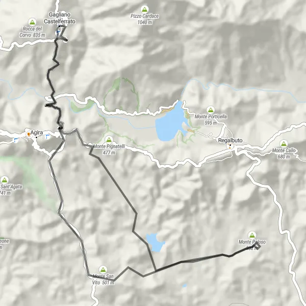 Miniatura della mappa di ispirazione al ciclismo "Tour in bicicletta a Monte Tesauro" nella regione di Sicilia, Italy. Generata da Tarmacs.app, pianificatore di rotte ciclistiche