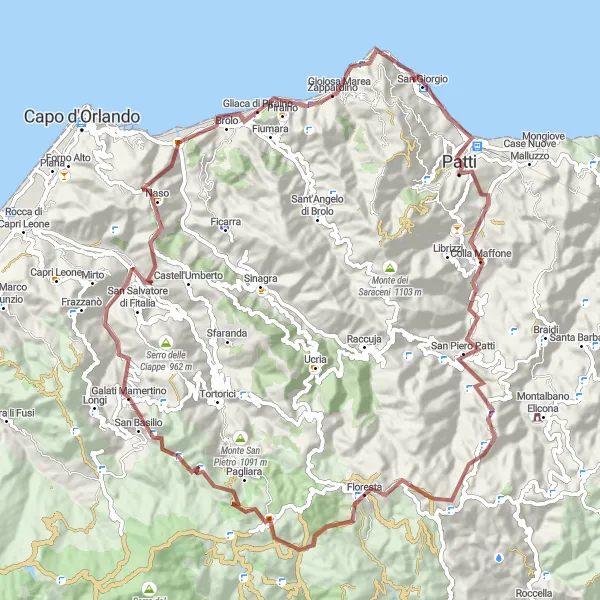 Miniatura della mappa di ispirazione al ciclismo "Tour dei Borghi Siciliani" nella regione di Sicilia, Italy. Generata da Tarmacs.app, pianificatore di rotte ciclistiche