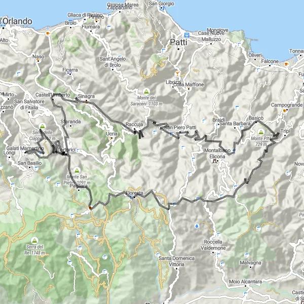Miniatura della mappa di ispirazione al ciclismo "Cicloturismo in Sicilia" nella regione di Sicilia, Italy. Generata da Tarmacs.app, pianificatore di rotte ciclistiche