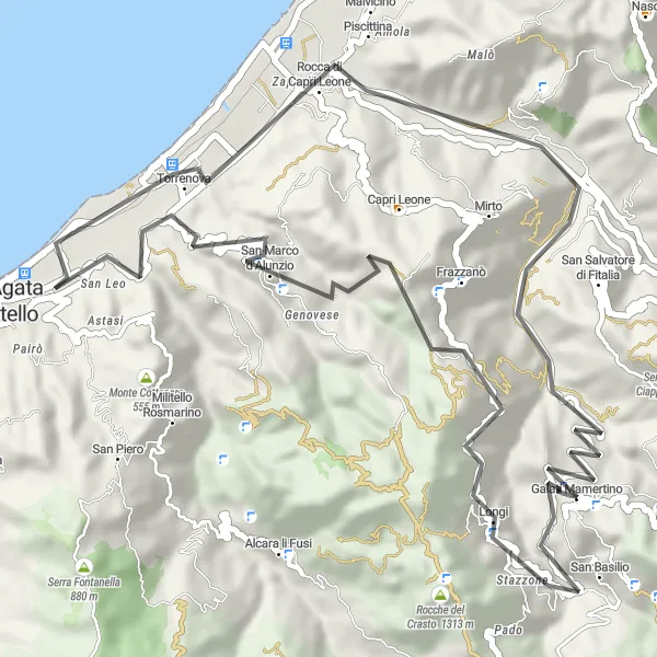 Miniatura della mappa di ispirazione al ciclismo "Giro in bicicletta a Galati Mamertino" nella regione di Sicilia, Italy. Generata da Tarmacs.app, pianificatore di rotte ciclistiche
