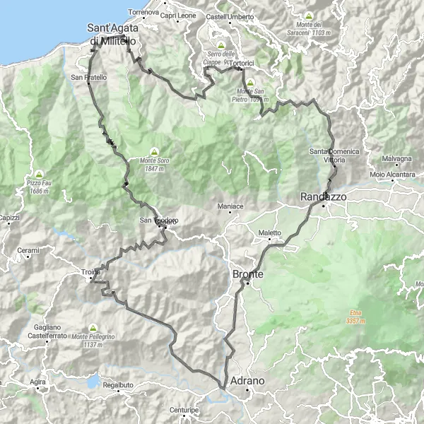 Miniatura della mappa di ispirazione al ciclismo "Avventura in Bicicletta tra Galati Mamertino e San Fratello" nella regione di Sicilia, Italy. Generata da Tarmacs.app, pianificatore di rotte ciclistiche