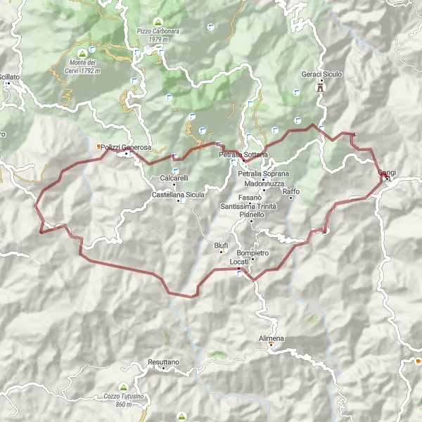 Miniatura della mappa di ispirazione al ciclismo "Tra colline e villaggi: avventura in bicicletta a Gangi" nella regione di Sicilia, Italy. Generata da Tarmacs.app, pianificatore di rotte ciclistiche