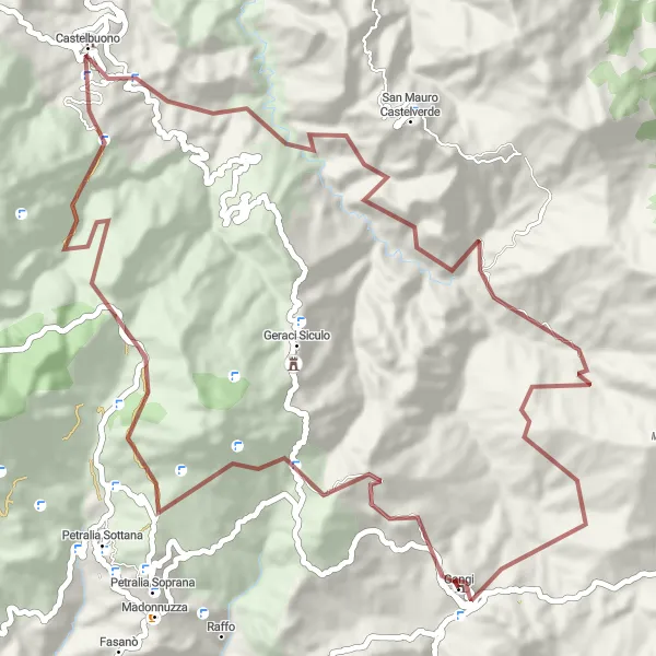 Miniatura della mappa di ispirazione al ciclismo "Giro in Gravel da Gangi a Castelbuono" nella regione di Sicilia, Italy. Generata da Tarmacs.app, pianificatore di rotte ciclistiche