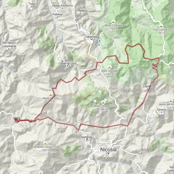 Map miniature of "Gangi to Monte Barbagiano Gravel Route" cycling inspiration in Sicilia, Italy. Generated by Tarmacs.app cycling route planner