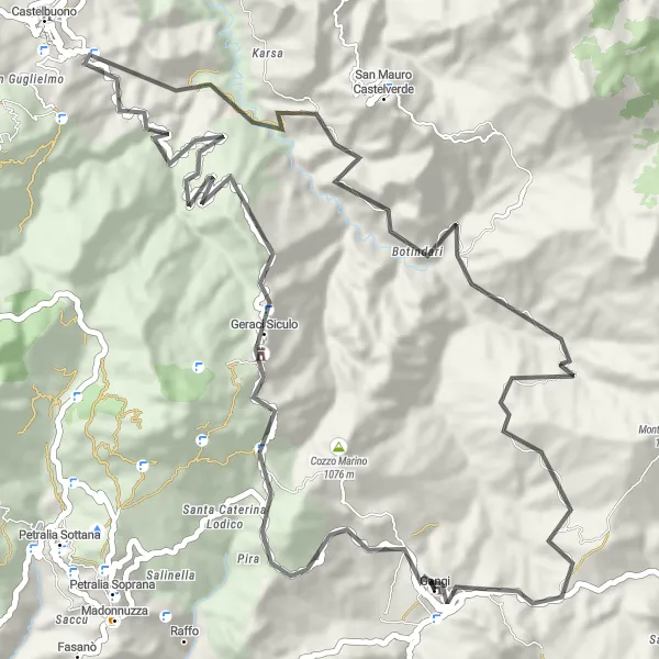 Miniatura della mappa di ispirazione al ciclismo "Itinerario cicloturistico da Gangi a Monte San Calogero" nella regione di Sicilia, Italy. Generata da Tarmacs.app, pianificatore di rotte ciclistiche