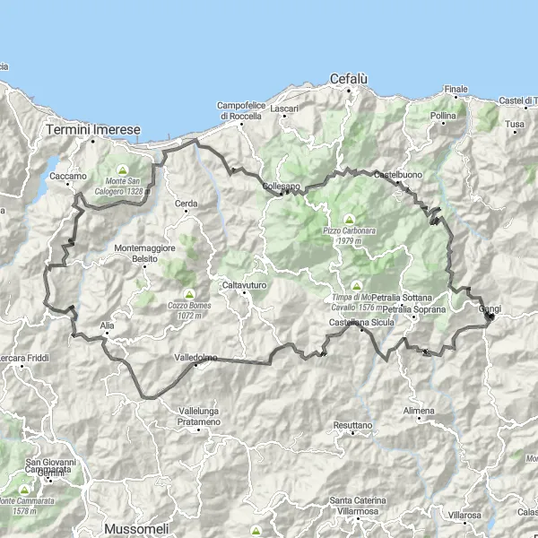 Miniatura della mappa di ispirazione al ciclismo "Giro in bicicletta tra Gangi e Castelbuono" nella regione di Sicilia, Italy. Generata da Tarmacs.app, pianificatore di rotte ciclistiche