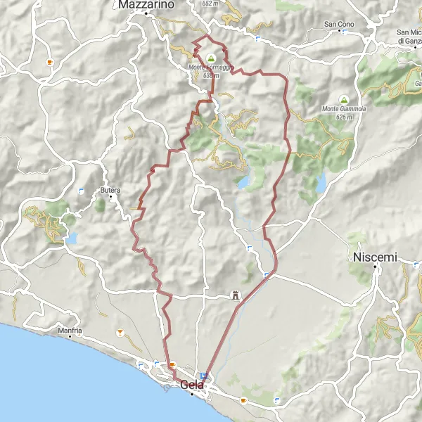 Miniatura della mappa di ispirazione al ciclismo "Giro in bici fuoristrada da Gela al Monte Zai" nella regione di Sicilia, Italy. Generata da Tarmacs.app, pianificatore di rotte ciclistiche