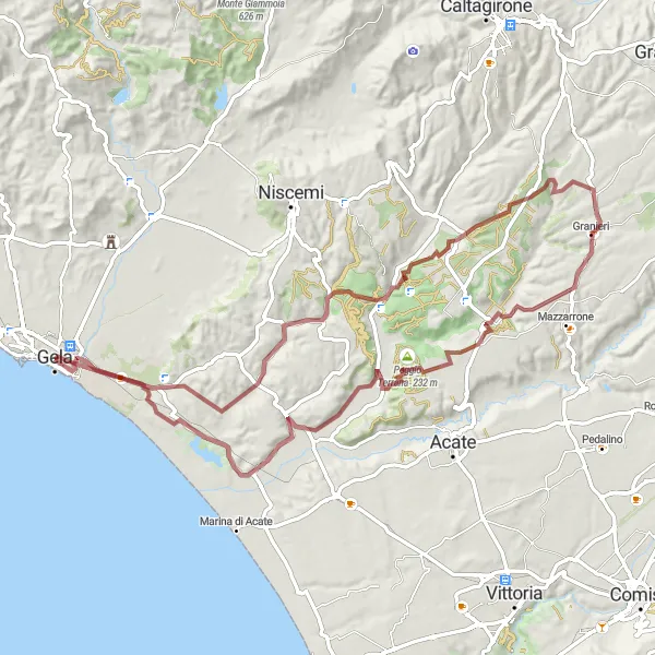 Miniatura della mappa di ispirazione al ciclismo "Giro in bici fuoristrada dalla sughera mosaica all'Emporio Greco Arcaico" nella regione di Sicilia, Italy. Generata da Tarmacs.app, pianificatore di rotte ciclistiche