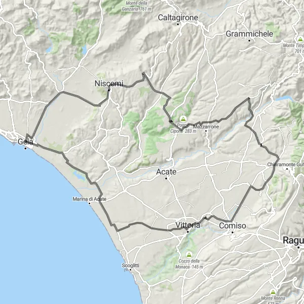 Miniatura della mappa di ispirazione al ciclismo "Giro in bici su strada da Gela a Vittoria" nella regione di Sicilia, Italy. Generata da Tarmacs.app, pianificatore di rotte ciclistiche