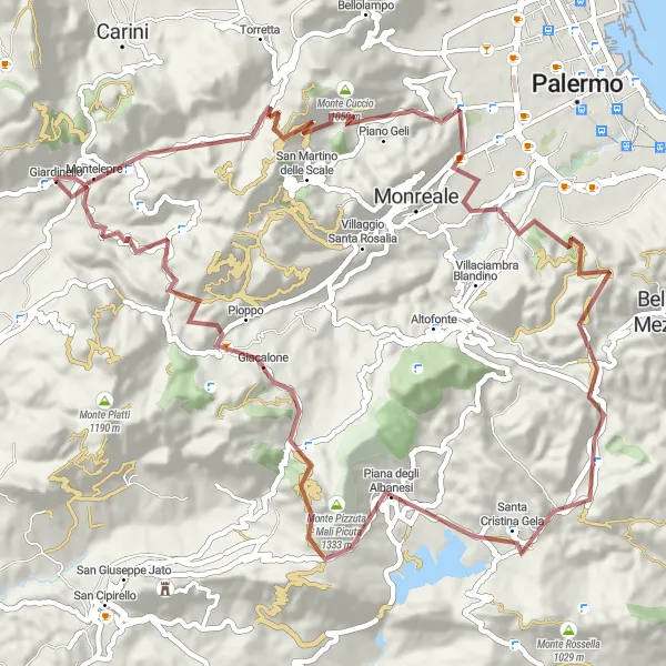 Miniatura della mappa di ispirazione al ciclismo "Giro in Gravel tra Montelepre e Cozzo Leone" nella regione di Sicilia, Italy. Generata da Tarmacs.app, pianificatore di rotte ciclistiche