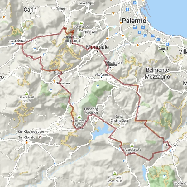 Map miniature of "Epic Gravel Adventure: Montelepre to Portella Valle del Fico" cycling inspiration in Sicilia, Italy. Generated by Tarmacs.app cycling route planner