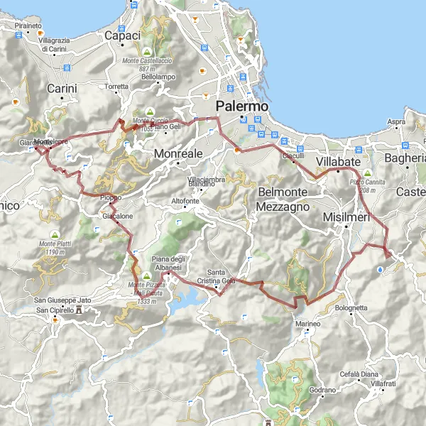 Map miniature of "Gravel Adventure in the Mountains: Montelepre, Pizzo dell'Uomo, Croce Verde Alto" cycling inspiration in Sicilia, Italy. Generated by Tarmacs.app cycling route planner