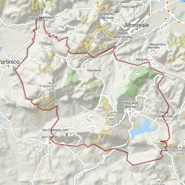 Map miniature of "Gravel Adventure: Giardinello to Borgetto" cycling inspiration in Sicilia, Italy. Generated by Tarmacs.app cycling route planner