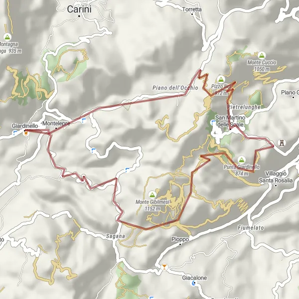 Miniatura della mappa di ispirazione al ciclismo "Montelepre to Pioppo" nella regione di Sicilia, Italy. Generata da Tarmacs.app, pianificatore di rotte ciclistiche