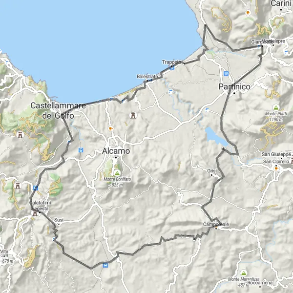 Map miniature of "Scenic Road Ride: Partinico to Trappeto" cycling inspiration in Sicilia, Italy. Generated by Tarmacs.app cycling route planner