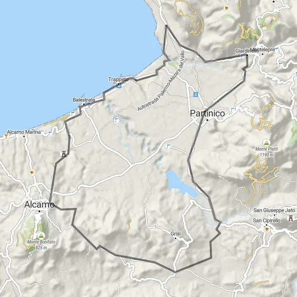 Miniatura della mappa di ispirazione al ciclismo "Giro in bicicletta da Giardinello a Trappeto" nella regione di Sicilia, Italy. Generata da Tarmacs.app, pianificatore di rotte ciclistiche