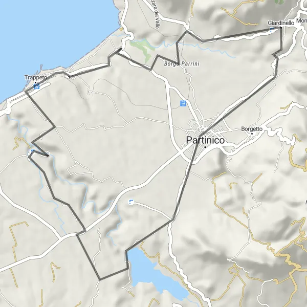 Miniatura della mappa di ispirazione al ciclismo "Giro in Bici su Strada tra Giardinello e Trappeto" nella regione di Sicilia, Italy. Generata da Tarmacs.app, pianificatore di rotte ciclistiche