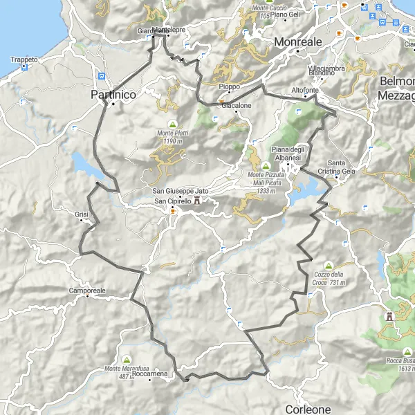 Miniatura della mappa di ispirazione al ciclismo "Montelepre to Partinico Extended" nella regione di Sicilia, Italy. Generata da Tarmacs.app, pianificatore di rotte ciclistiche