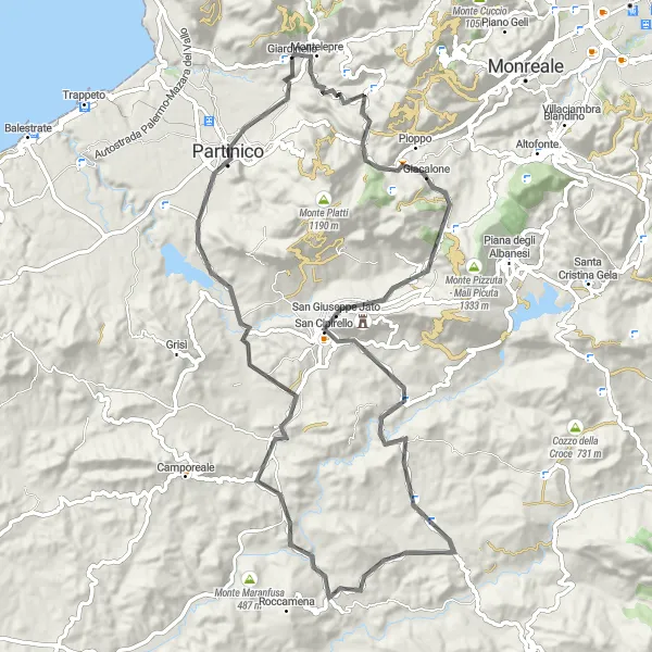 Miniatura della mappa di ispirazione al ciclismo "Montelepre to Partinico" nella regione di Sicilia, Italy. Generata da Tarmacs.app, pianificatore di rotte ciclistiche