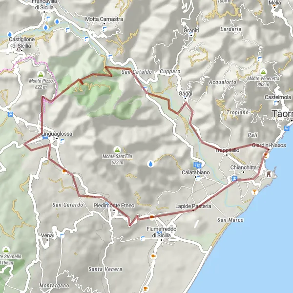 Miniatura della mappa di ispirazione al ciclismo "Avventura in bicicletta attraverso Linguaglossa" nella regione di Sicilia, Italy. Generata da Tarmacs.app, pianificatore di rotte ciclistiche