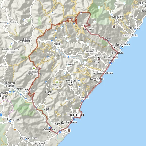 Map miniature of "Mountains and Valleys Expedition" cycling inspiration in Sicilia, Italy. Generated by Tarmacs.app cycling route planner